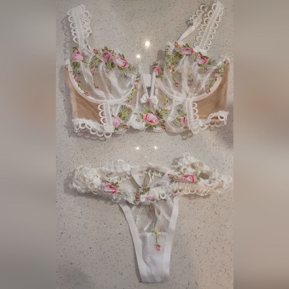 For Love And Lemons White and Pink Floral Lace Bra Set